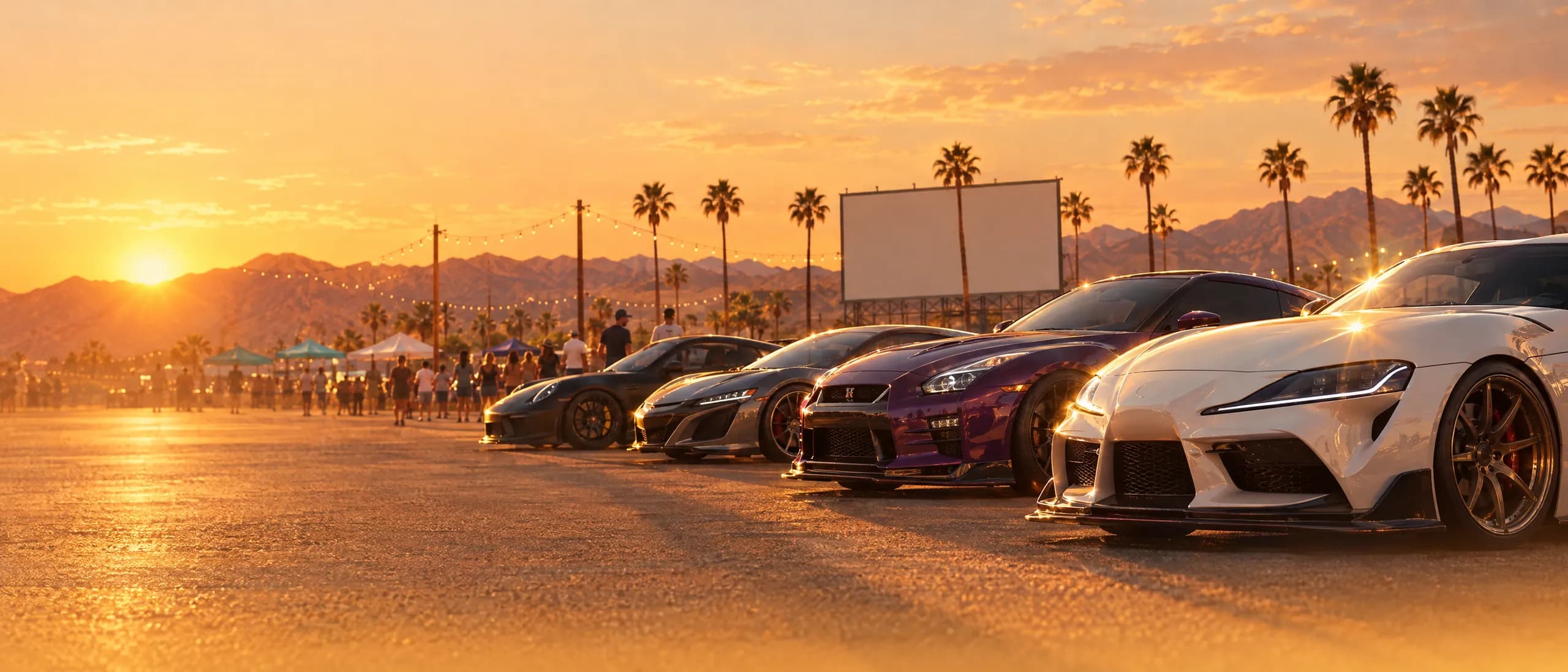 Import and performance cars parked in the Screen 3 lot before sundown